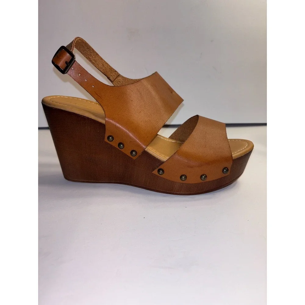 Madden Girl Driiggs Wedge Sandal Women's 8.5 Brown Faux Leather Comfort Open Toe